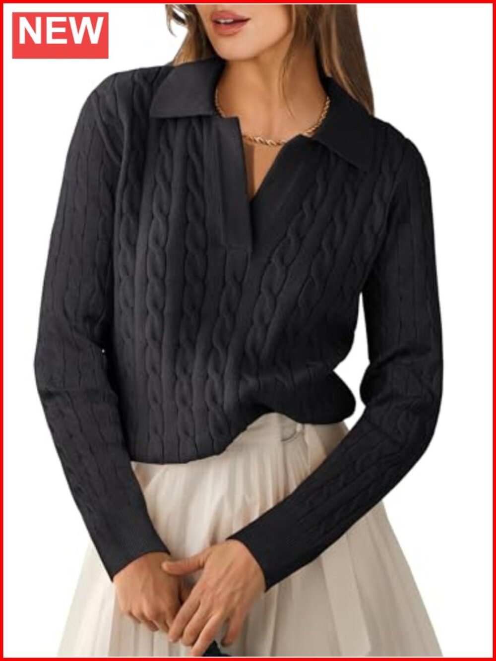 Women's Cable Knit Polo Sweater Long Sleeve V-Neck Pullover Casual